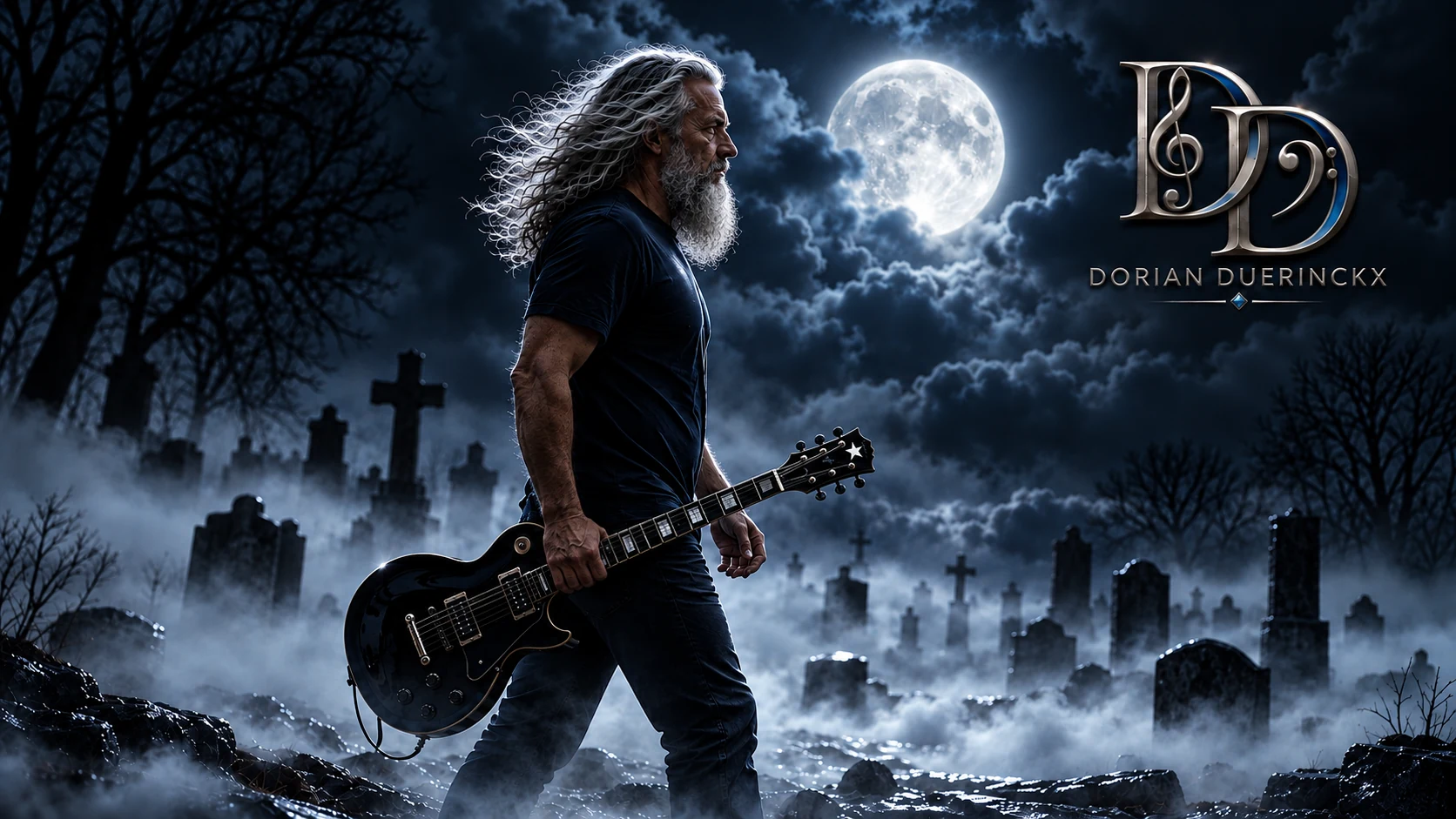 Dorian Duerinckx carrying a black guitar through a moonlit graveyard.